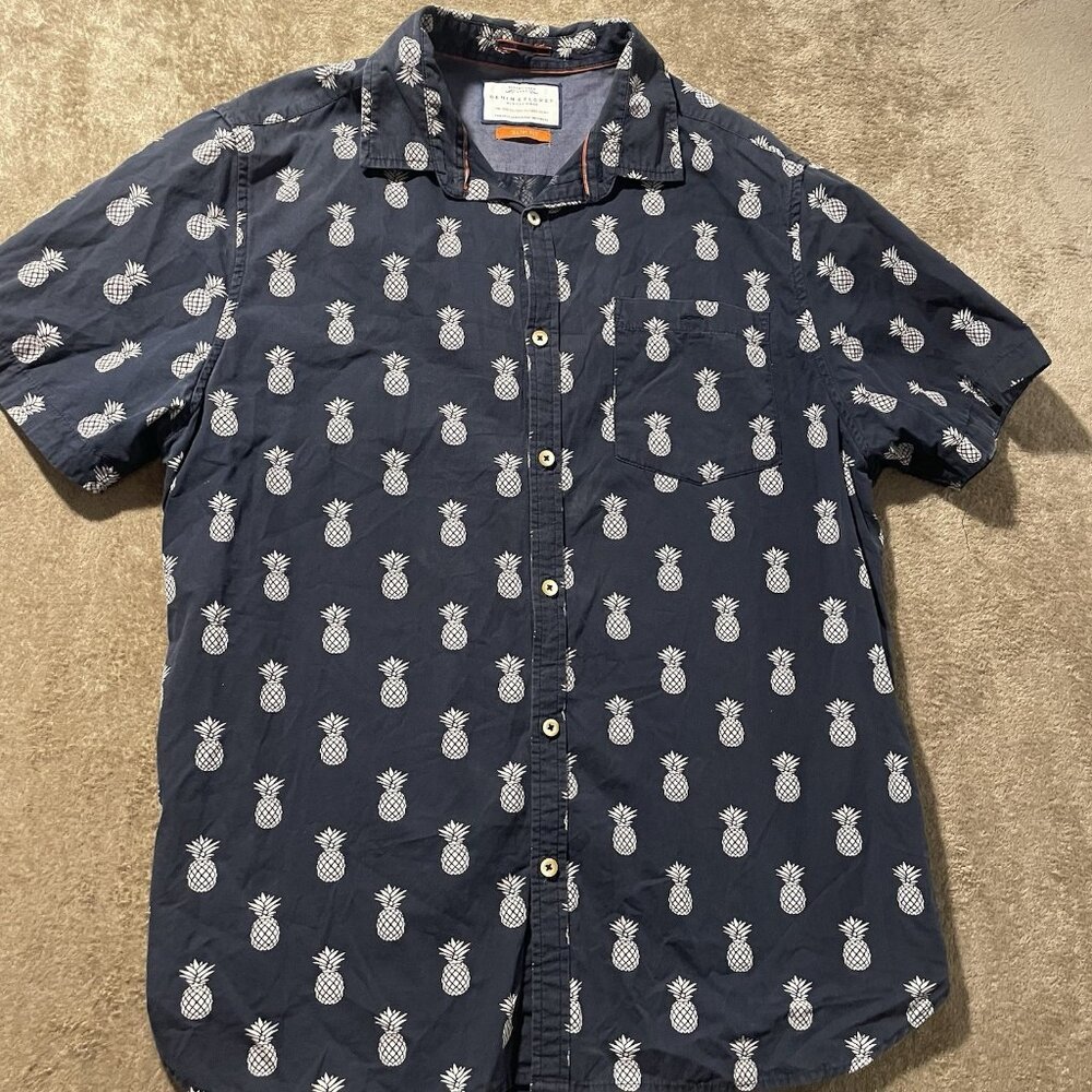 Denim & Flower Shirt Mens XL Slim Fit Buttondown Pineapples Short‎ Slv Vacation